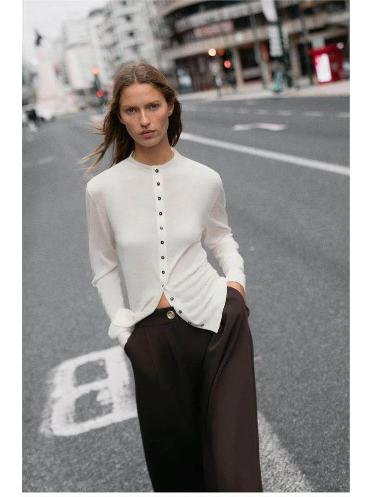 Slim Fit High Collar Long Sleeve Ultra Fine Knitted Jacket Button Closure Versatile Style Soft Touch Casual Simple Design Wom...