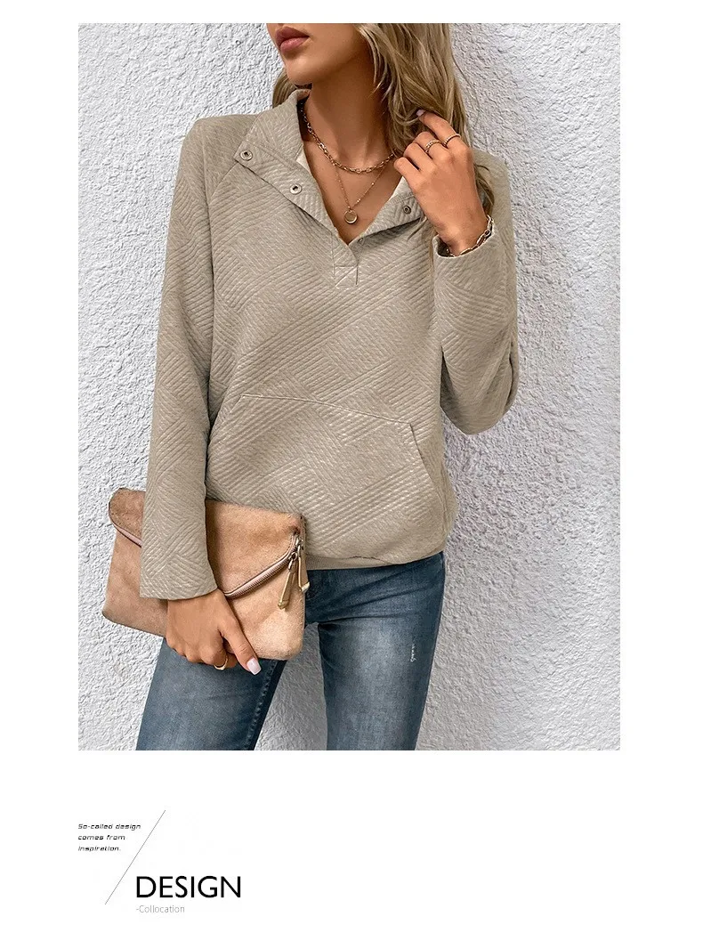 Casual Long Sleeve Hoodie Regular Fit Simple Style with Pocket Stand Collar Patchwork Lightweight Single Women Hoodie Autumn