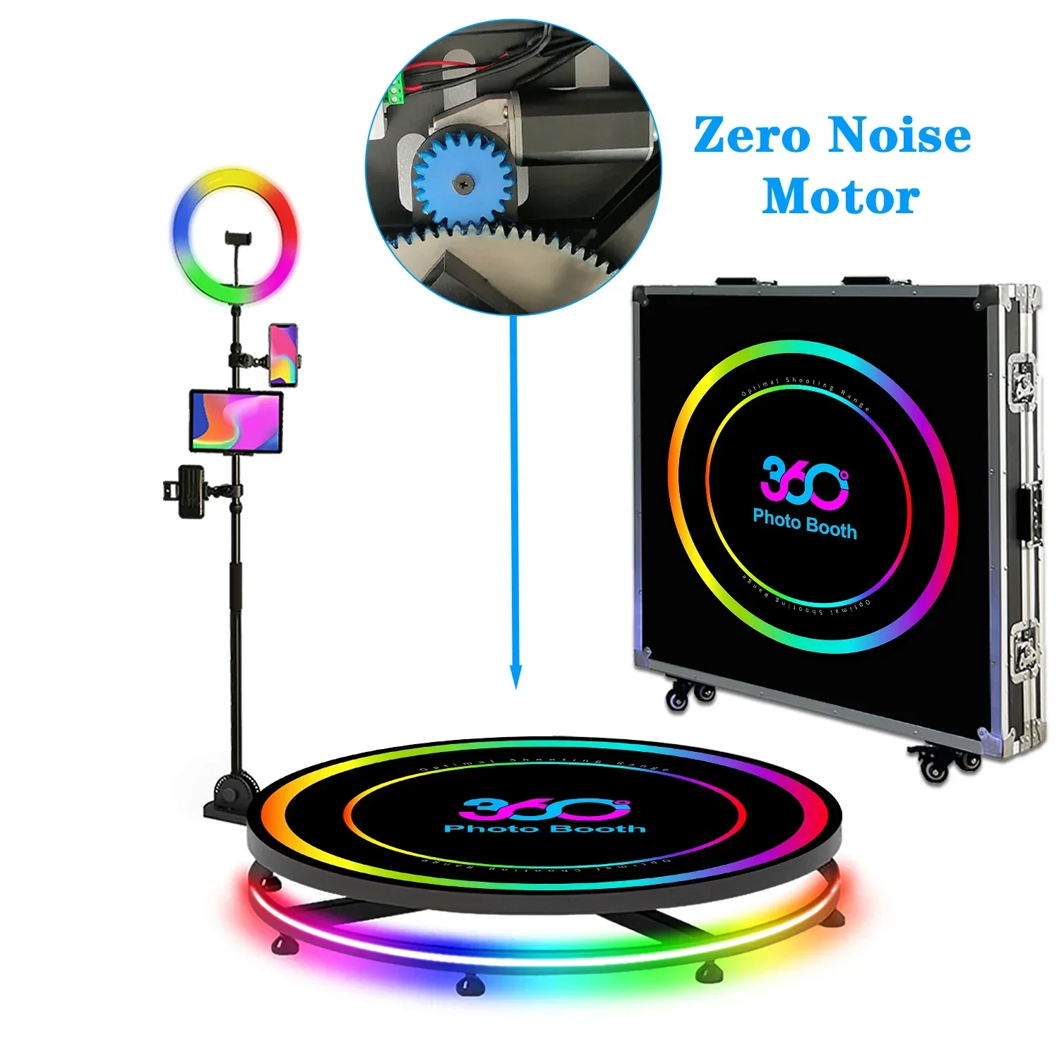 Cabina fotografica con piattaforma in metallo 360 per festa di nozze. Macchina fotografica privata rotazione automatica cabina video a movimento lento cabina telecamera
