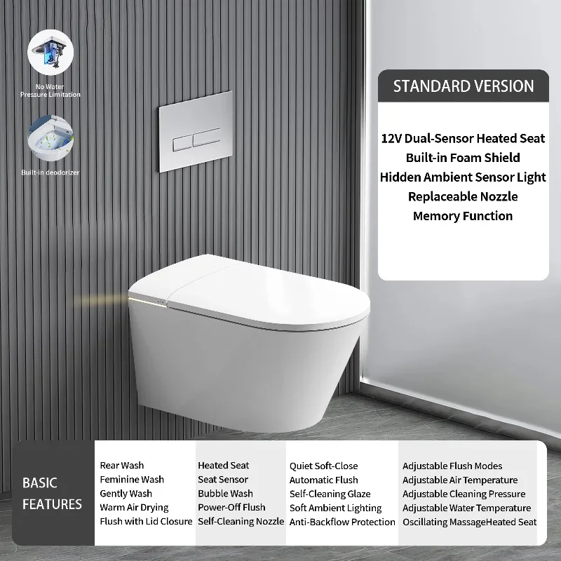 โถสุขภัณฑ์ติดผนังอัจฉริยะพร้อมฝาเปิดอัตโนมัติ เซ็นเซอร์ตรวจจับการนั่ง รีโมทคอนโทรล ระบบทำความร้อน แผ่นโฟมในตัว ทรงยาว ไม่ใช้น้ำ