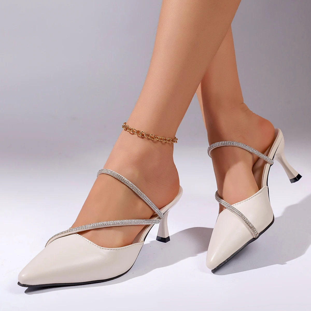 

Женские туфли-мюли с острым носком, со стразами, перекрестными ремешками и каблуком-шпилькой, без задника, для торжественных случаев