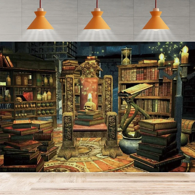 Magic Room Photography Backdrop Vintage Bookshelf Magical Potion Wizard Retro Library Skull Background Home Party Decor Banner