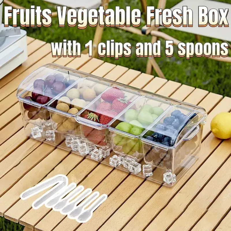 ●Chilled Condiment Server 5 Compartment Acrylic With Lid Clear For Salad Chilled Serving Tray Ice Serving Bowl Clear Salad