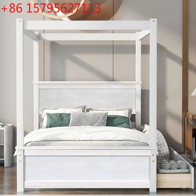 

Full Size Canopy Bed with 2 Storage Drawers, 4-Post Wood Platform Frame with Headboard, No Box Spring Required - Brushed Finish