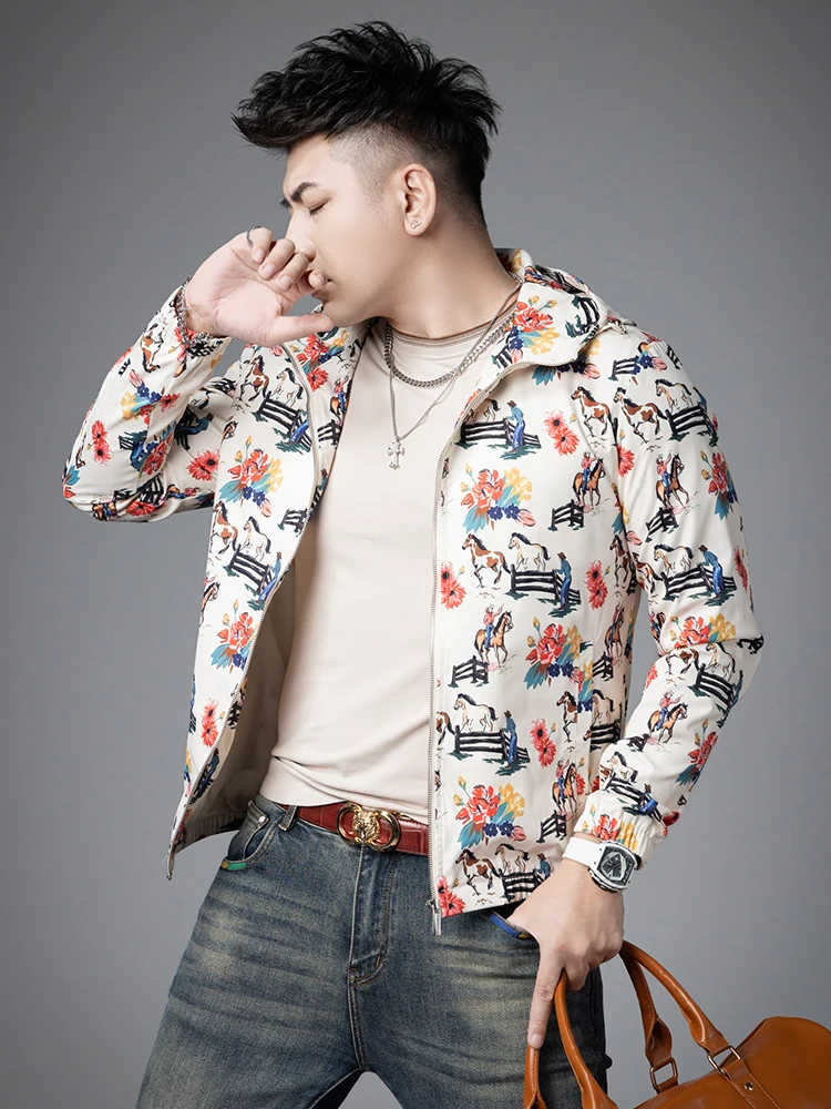 

Men's Hooded Jaet Floral Pattern Year Clothing Spring New Sle Stand Fit Windproof Casual Sle Polyester Fiber