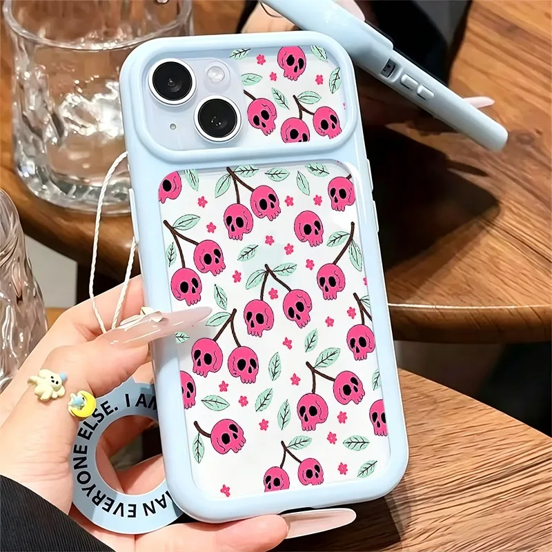 2026 NEW Gothic Pink Skull Cherry Print Phone Case For iPhone 11-17 Series, Large Clear Window Shockproof Soft TPU Cover