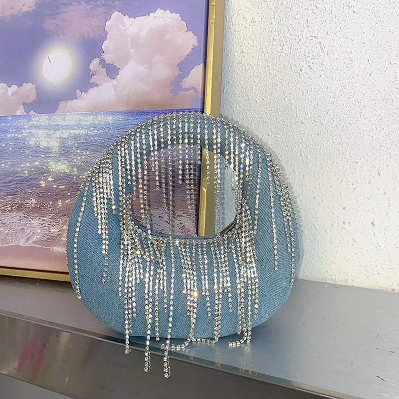 

Вечерний клатч в форме полумесяца, вечерние сумки для женщин, роскошная дизайнерская джинсовая сумка с кисточками и стразами, блестящая цепочка с блестками, кошелек на плечо