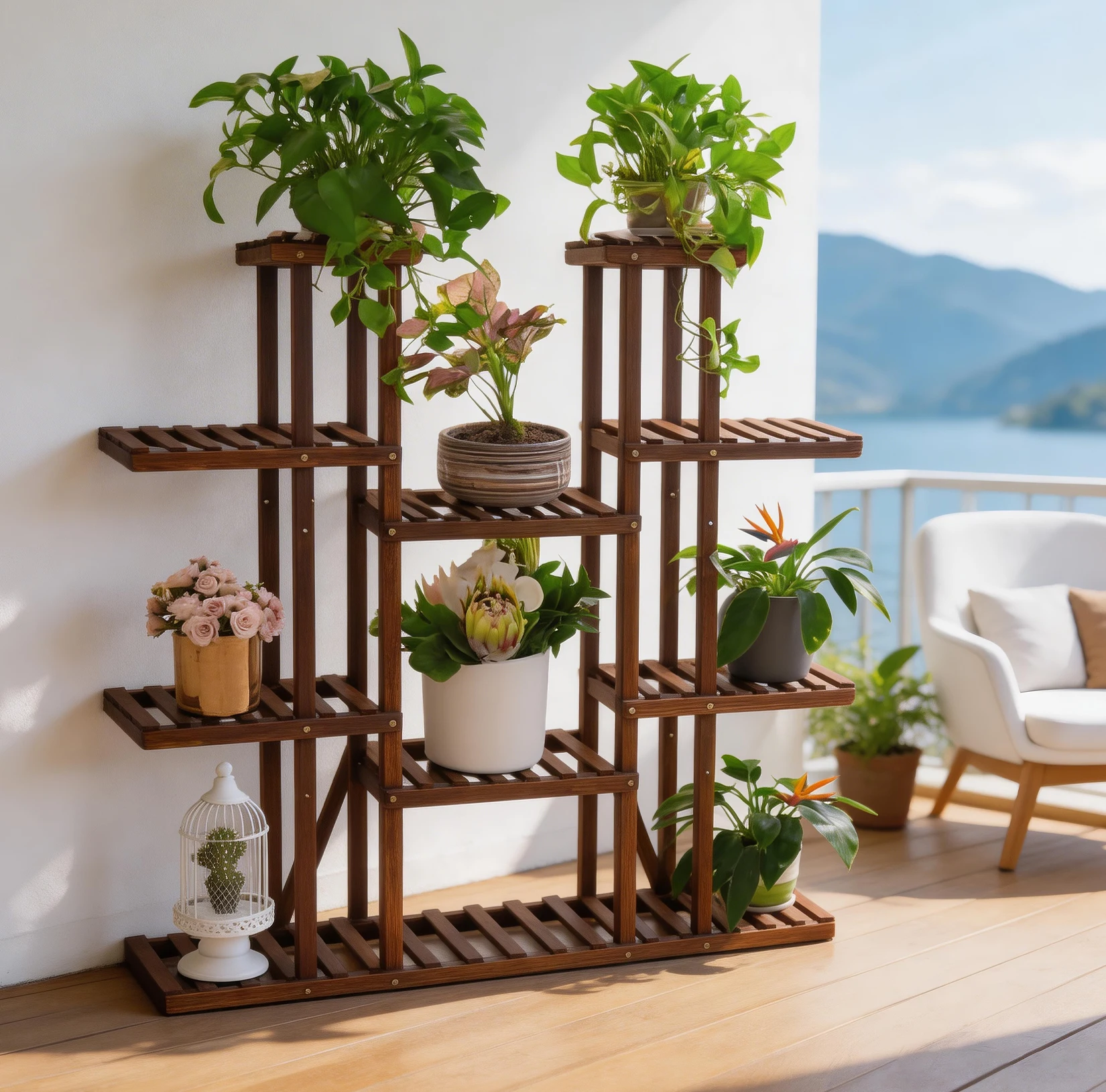 Wood Multi-Tiered Plant Stand Reinforced Flower Display Rack for Outdoor Indoor Decor