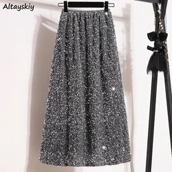 Bling Skirts for Women Elastic Waist Mid-calf Elegant Clothing Female Summer Simple Solid Sexy Girls Casual Loose Chic A-line