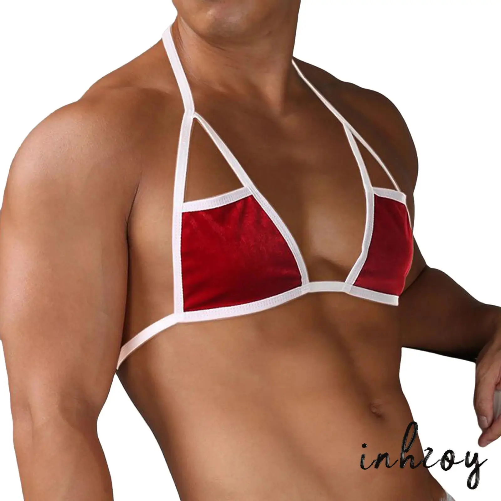 ملابس داخلية مضحكة لعيد الميلاد للرجال، ملابس داخلية رفيعة منخفضة الارتفاع برباط أو حمالة صدر رسن، ملابس نوم سانتا المخملية لألعاب الزوجين #2