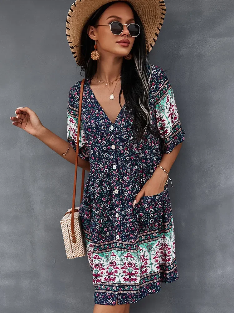 Floral Print Summer Short Dress Women V Neck Bohemian Short Sleeve Loose Dress Black Dress 2024