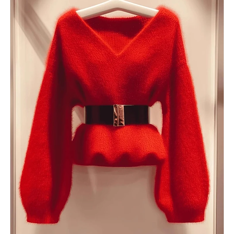 Pullover Knitt Sweater Women Long-sleeved V-neck Lady Red Chic Outwear 2025 Elegant Autumn Winter Fashion Slim Soft Waxy Top Y2K