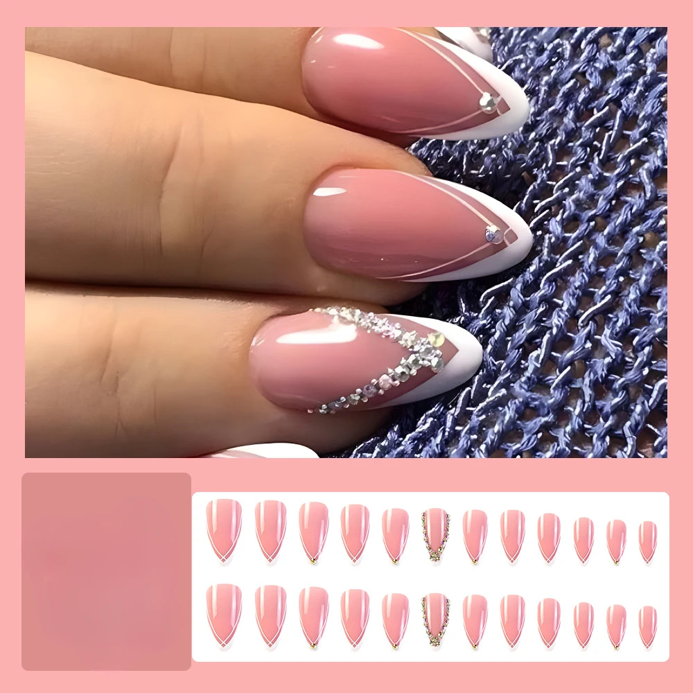 24Pcs Almond Handmade Press On Nails Full Cover Flower Nude Pink Diamond Clear French False Nails Wearable Manicure Nail Tips