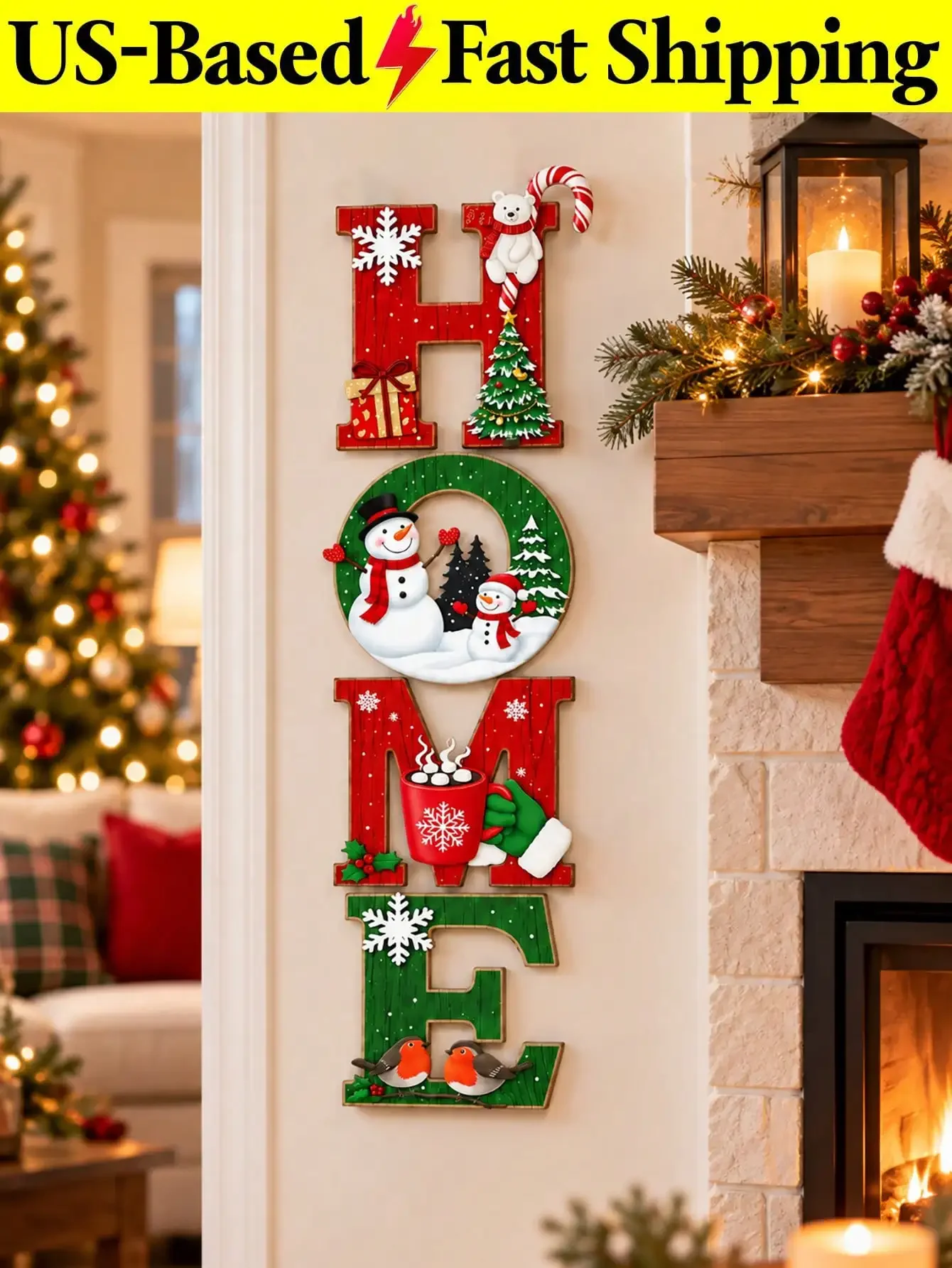 Christmas Rustic Wooden HOME Wall Decor, Farmhouse Style Letter Sign With Snowman, Christmas Tree, Hot Cocoa And Snowflake Design, Festive Holiday Wall Art For Front Door, Living Room, Entryway, Cyber Monday, Halloween, Christmas