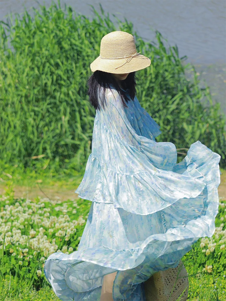 新中式スレフェアリーゴールドプリントルーズランタンスベイトロングスカートツーピースセット初秋2025新エレファイオン...