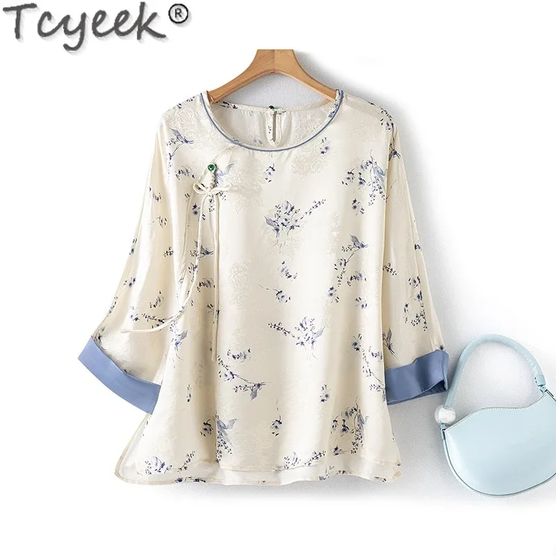 Tcyeek 100% Mulberry Silk T-shirts for Women Elegant Women's Blouses Summer Clothes Chinese Style Womens Tops 2024 Топ Женский