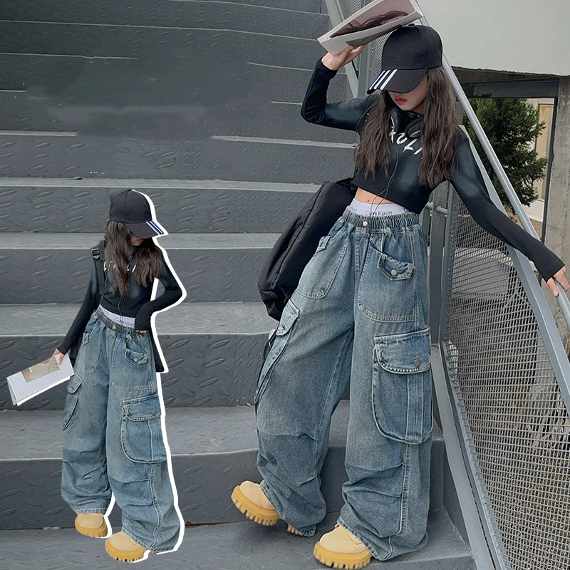 Teens Child Baggy Cargo Jeans Trousers Kids Vintage Distressed Jeans with Pocket For Girls Fashion High Street Denim Pants
