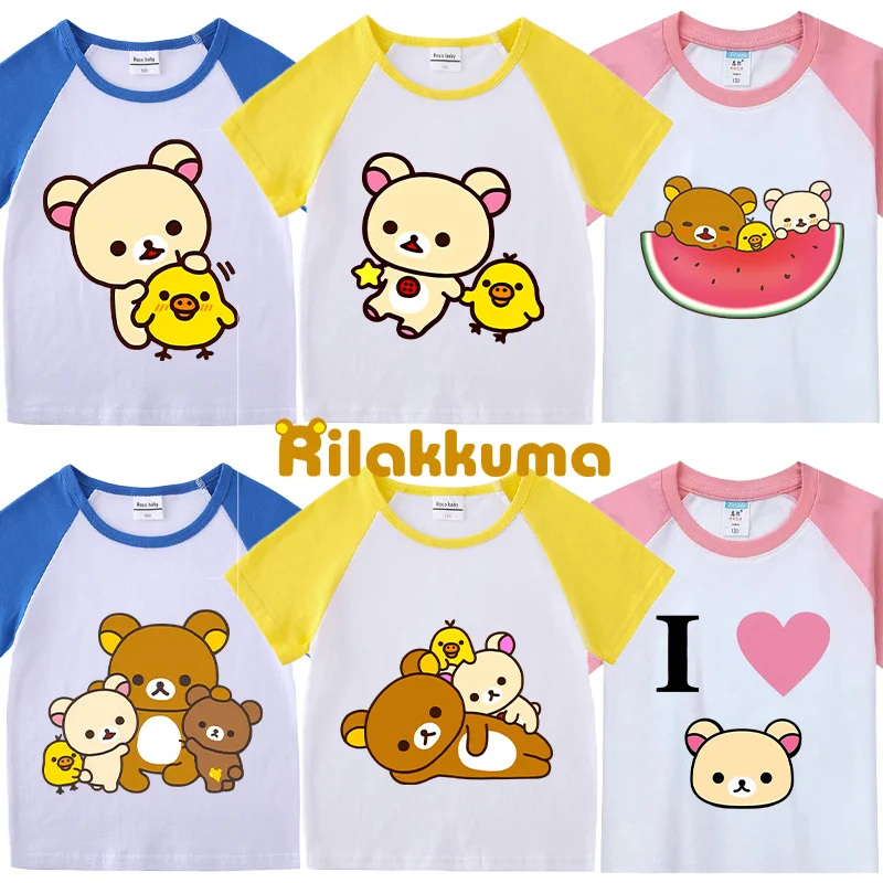 

Rilakkuma Children T-shirt Summer Clothes Kawaii Anime Figures Printed Short Sleeve Kids Girls Casual Cotton Tee Clothing Gifts