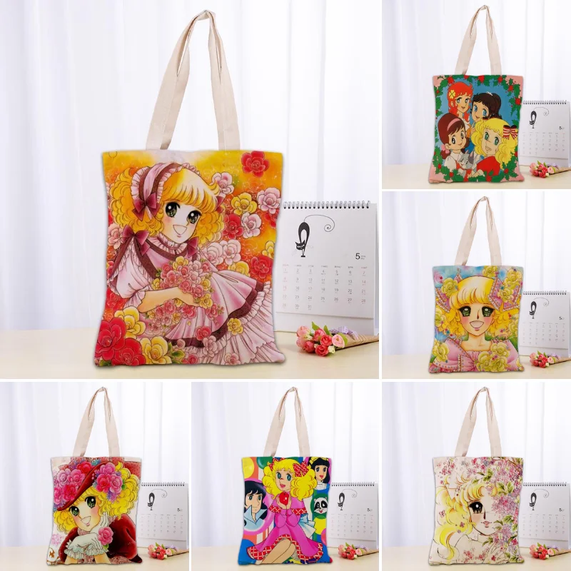 Personalizado doces dos desenhos animados tote sacos de compras 30x35cm sacola reutilizável bolsa feminina ombro pano bolsa dobrável