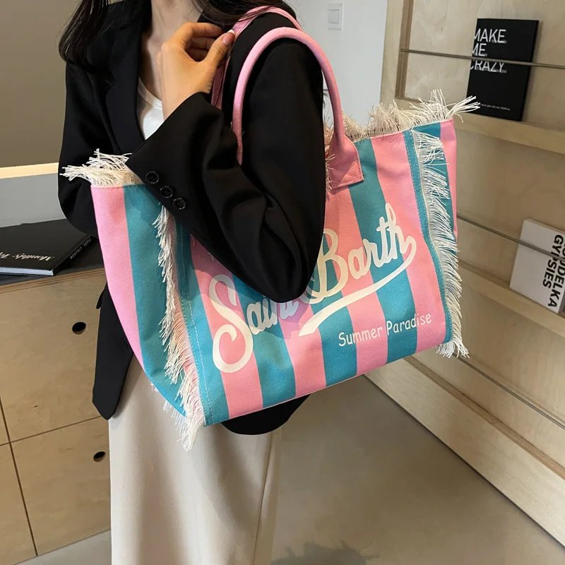 Basic Style Tassel Canvas Women's Shoulder Bags Interior Pocket 2024 New Fashion Large Capacity Pattern High Quality Handbags image 4