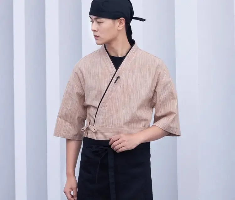 ใหม่ญี่ปุ่นซูชิเสื้อฤดูใบไม้ผลิอาหาร Chef Uniform ทํางานผู้ชายสีน้ําตาล