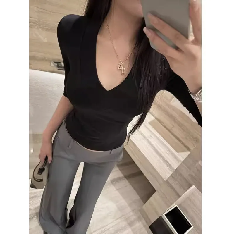 

Ele Slim Fit Deep V-Ne футболка женская летняя новинка Sle Pure Desire Spicy Girl базовый слой топ для юбки модный комплект