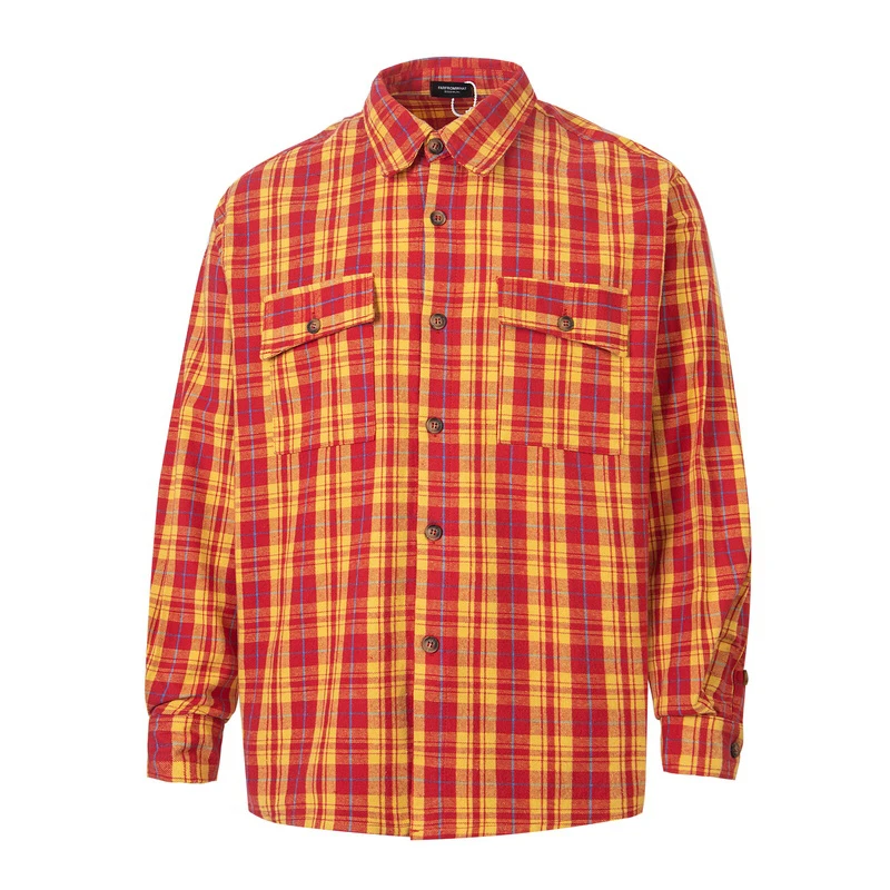 Autumn Far High Street Shirt Red and Yellow Plaid Striped Men Women Loose Casual Long Shirt Clothings