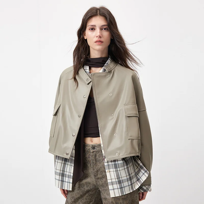 

Casual Loose Leather Overcoat Women Short Spring Autumn Sheepskin Collar Leather Coat