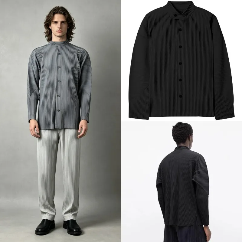 Miyake Pleated Shirt Plisse Men 2026 Autumn New Fold Long Sleeve Shirt Slim Fit Casual Stand Collar Casual Cardigan Jacket