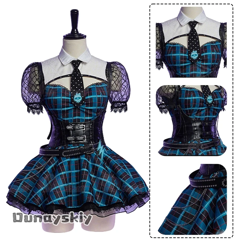 

Женское готическое сине-черное клетчатое платье с привидениями, костюм для косплея {Dream ZS}темное лоскутное платье, полный комплект, униформа на Хэллоуин