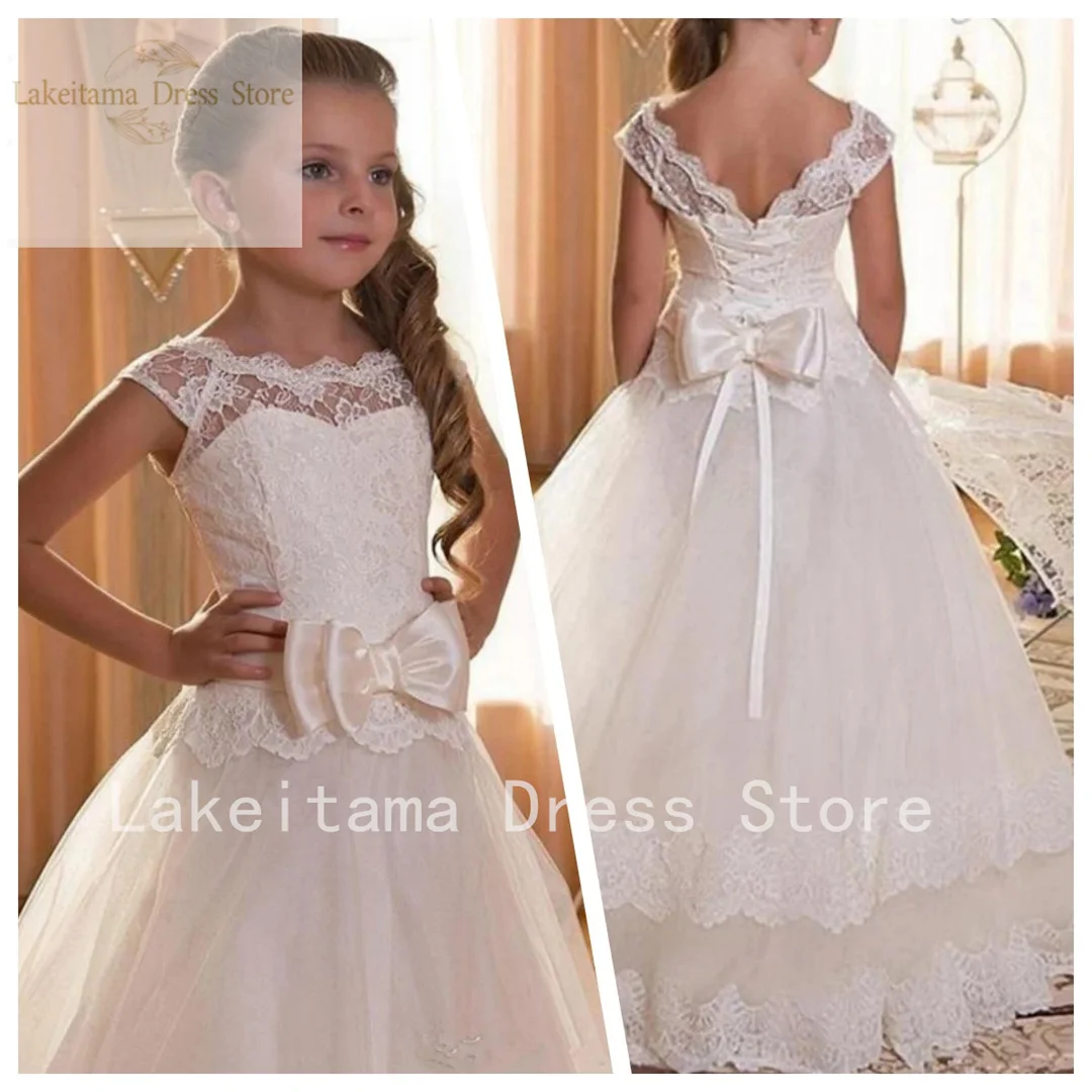 Vestido blanco de primera comunión para niñas, vestidos largos de tul con lazo y apliques de encaje, Espalda descubierta, flores, fiesta de boda y cumpleaños