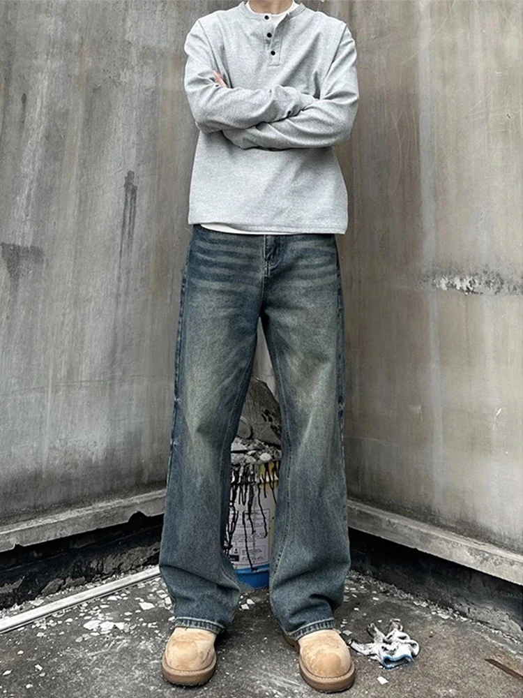 

American Retro Blue Jeans Men's Straight Leg Micro Flared Pants High Street Vibe Style Youthful Wear Resistant Loose Fit