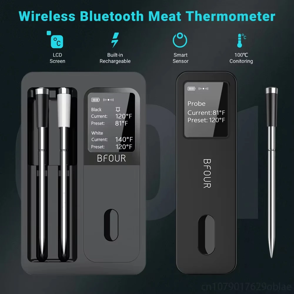 Wireless Bluetooth Meat Thermometer Waterproof Probes with LCD Screen for Kitchen Grilling Smoker BBQ Oven Cooking Thermometer