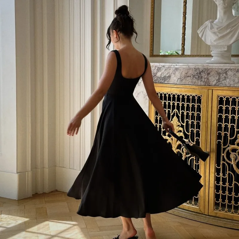 Prinsessenjurk banketstijl basic klassiek effen kleur sling vierkante kraag taille temperament mode-stijl Koninklijke oudere zus dr