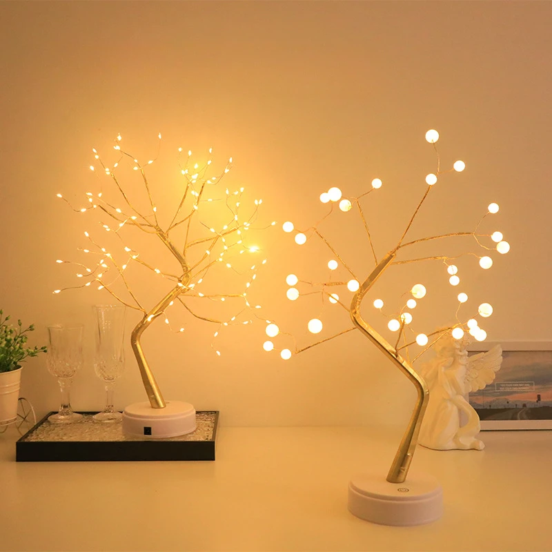 Room Decoration Night Lights Christmas Tree LED Table Lamps Creative Copper Wire Pearl Tree Night Lights Gift Romantic Lights