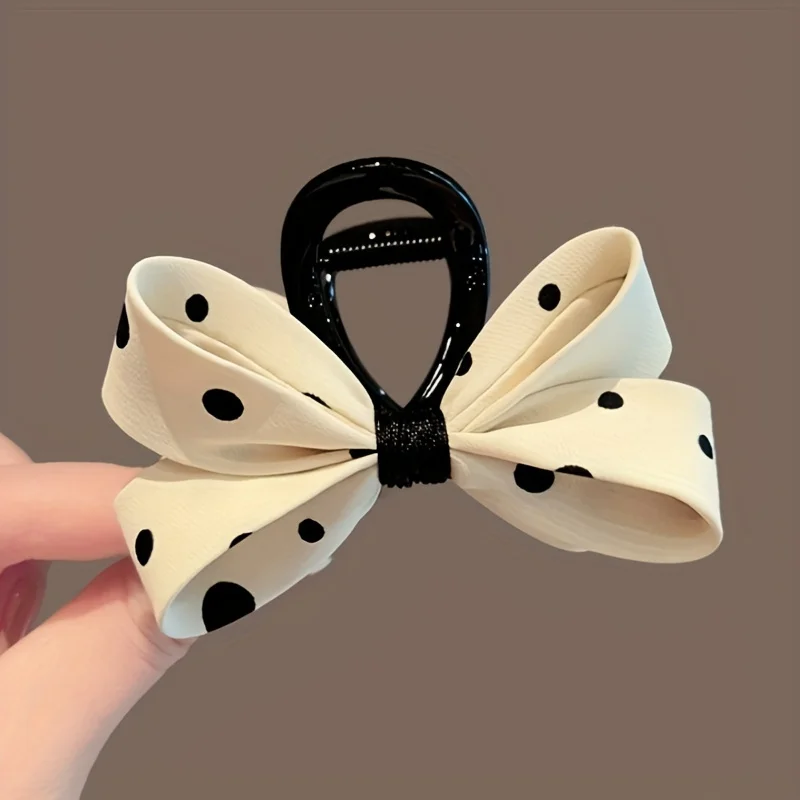 A Fabric Hair Clip with Black and White Polka Dots, New Exquisite Bowknot Shark Clip for Women, Suitable for Dates and Everyday Outfits