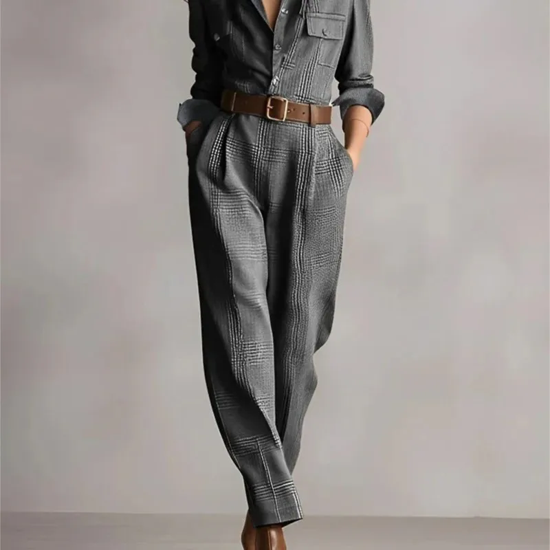 بدلة قفز نسائية كلاسيكية كلاسيكية منقوشة لخريف 2025 بدلة قفز عصرية غير رسمية بأكمام طويلة ملابس نسائية للمكتب