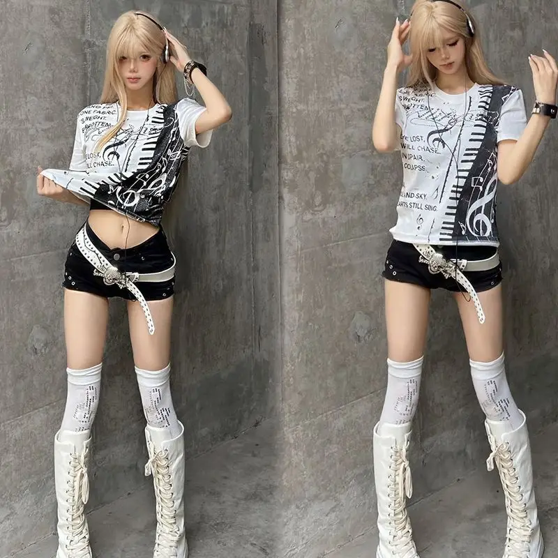 Light Asian Style Slim Shoulder Short Sleeve Female Summer New Note Printed T-shirt Yabi Y2k Top Gothic Y2k O-neck T-Shirts