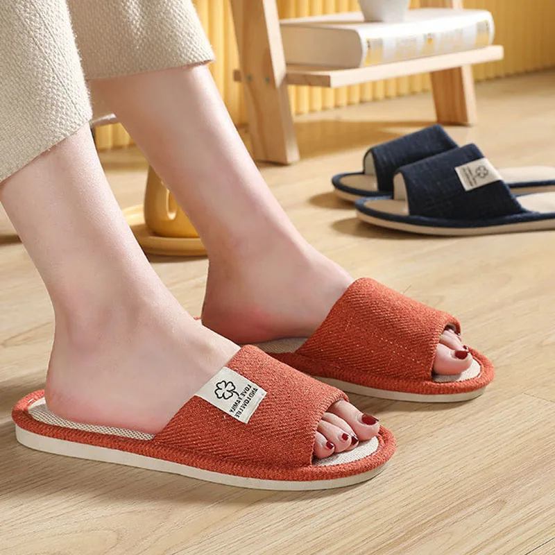 2024 All Seasons Women\'s Slippers Comfortable Cotton Linen Open Toe Slippers Soft Flats Silent Home Shoes Couple Hemp Slippers