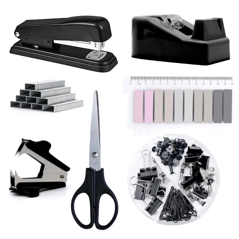 Multifunctional Office Supplies, Document Clip Paper Clip Push Pins Set, Clear Tape, Tape Dispenser Index Tabs Set