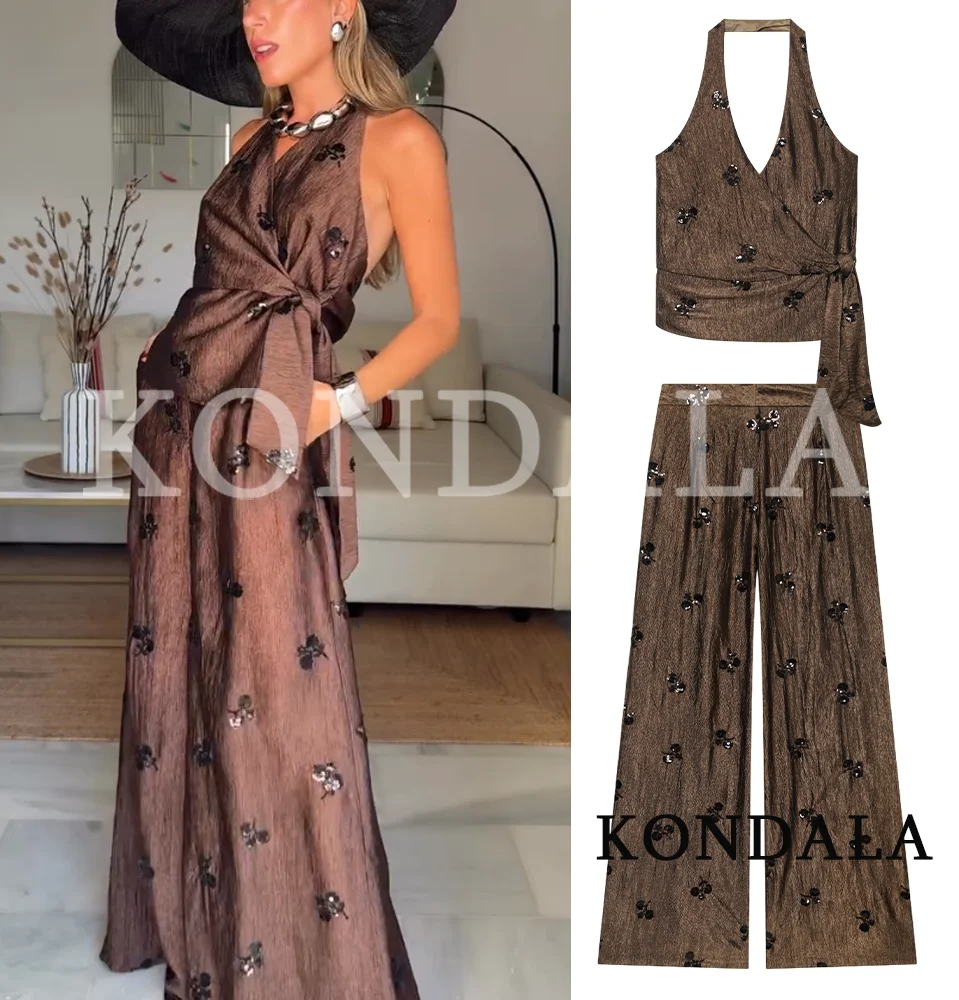 Elegantes Damen-Hosenset mit Perlenstickerei KONDALA 2026 Sommer Trendiges Neckholder-Top, Weite Hose Damen High-Street Urlaubs-Hosenset