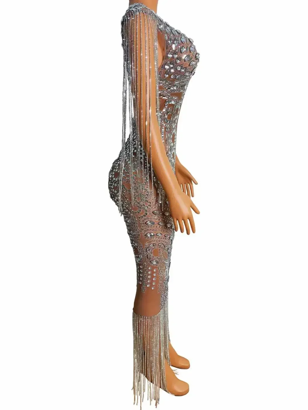 Vrouwen Strass Verjaardag Fringe Prachtige Jurk Mouwloze Elegante Sexy Danser Stadium Slijtage Gogo See Through Drag Queen Outfit