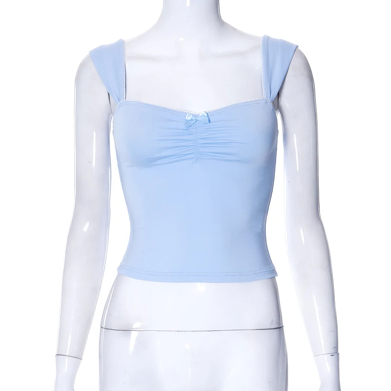Cute Bow Folds Chest Wrap Tank Tops Chic Women Blue Milkmaid Tops 00s Retro Y2K Aesthetic Crop Top Summer Backless Vest Clothes