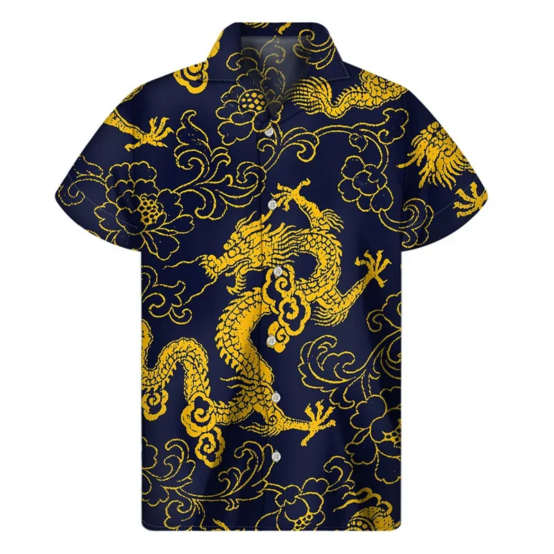 

Retro Chinese Dragon Flower Hawaiian Shirts For Men 3D Print Floral Lapel Shirt Summer Street Loose Button Short Sleeves Blouse