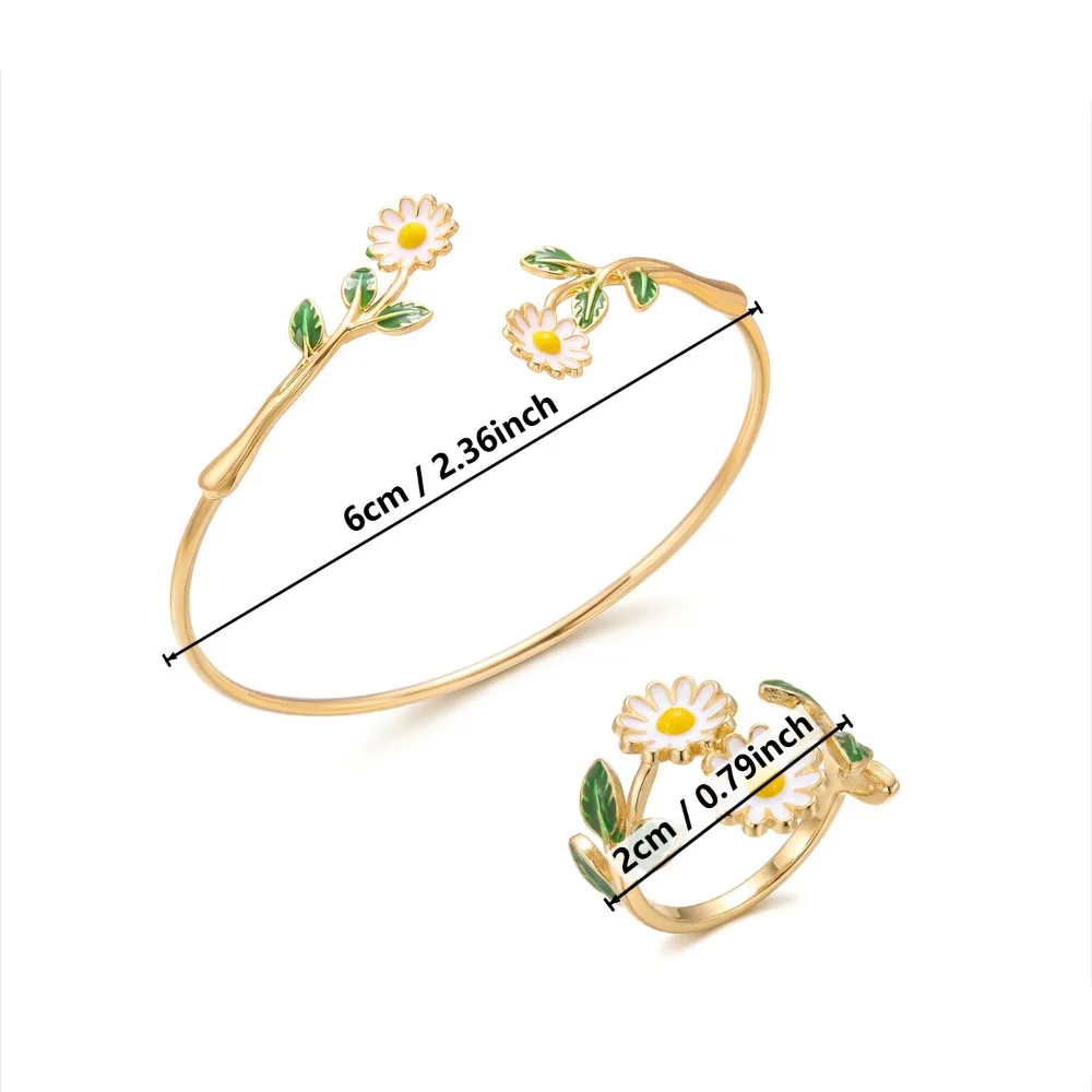 Gold Color Bracelet Ring Set Vintage Design Drip Oil Design Flower Bracelet Ring Romantic Design Elegant Design Open Bangle