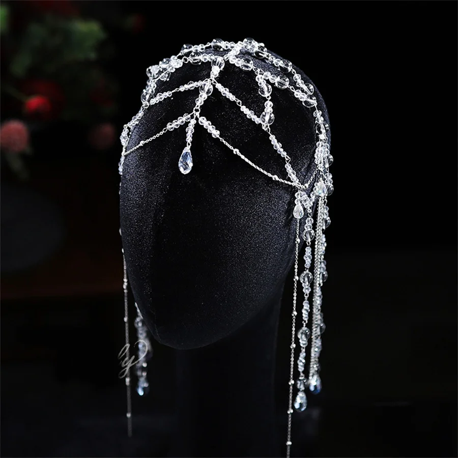 Shining bridal crown tiara Korean style super fairy crystal tassel beaded forehead ornament high-end wedding styling accessories