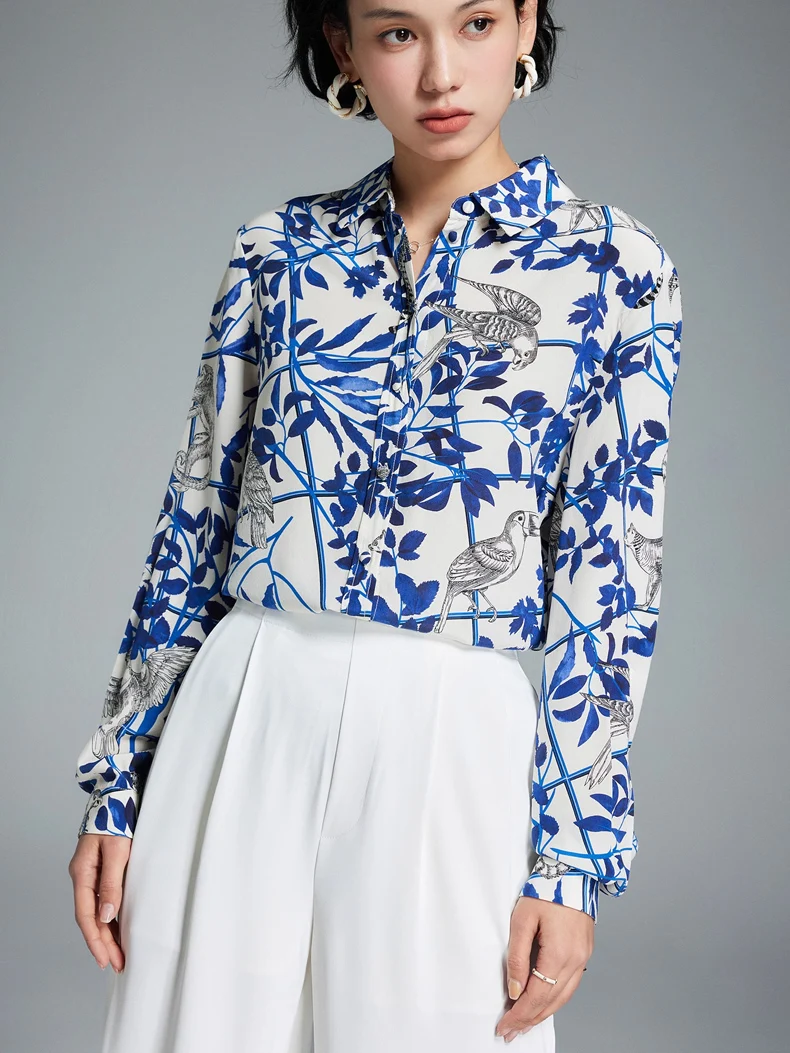 SuyaDream, Woman Blue Floral Shirts, 100%Silk Crepe de chine, Turn Down Collar, Printed Blouses, 2024 Spring Summer Top