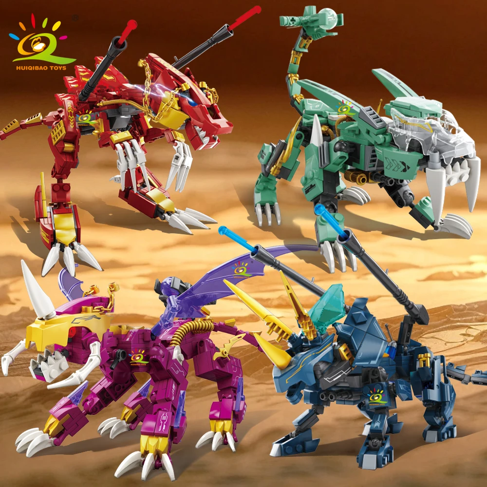 HUIQIBAO Mechanischer Mythos-Tier-Mecha-Bausatz, 4 Arten, prähistorischer Tiger, Drache, Dinosaurier, Montagemodell, Ziegelspielzeug