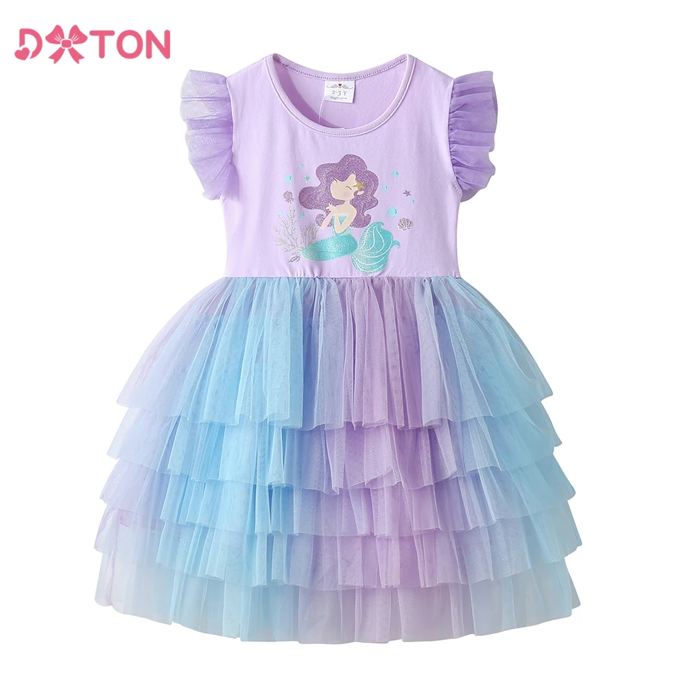 

DXTON Summer Children Dress Mermaid Sleeveless Princess Girls Dress Layered Mesh Gradient Vacation Clothes Kids Prom Party Dress