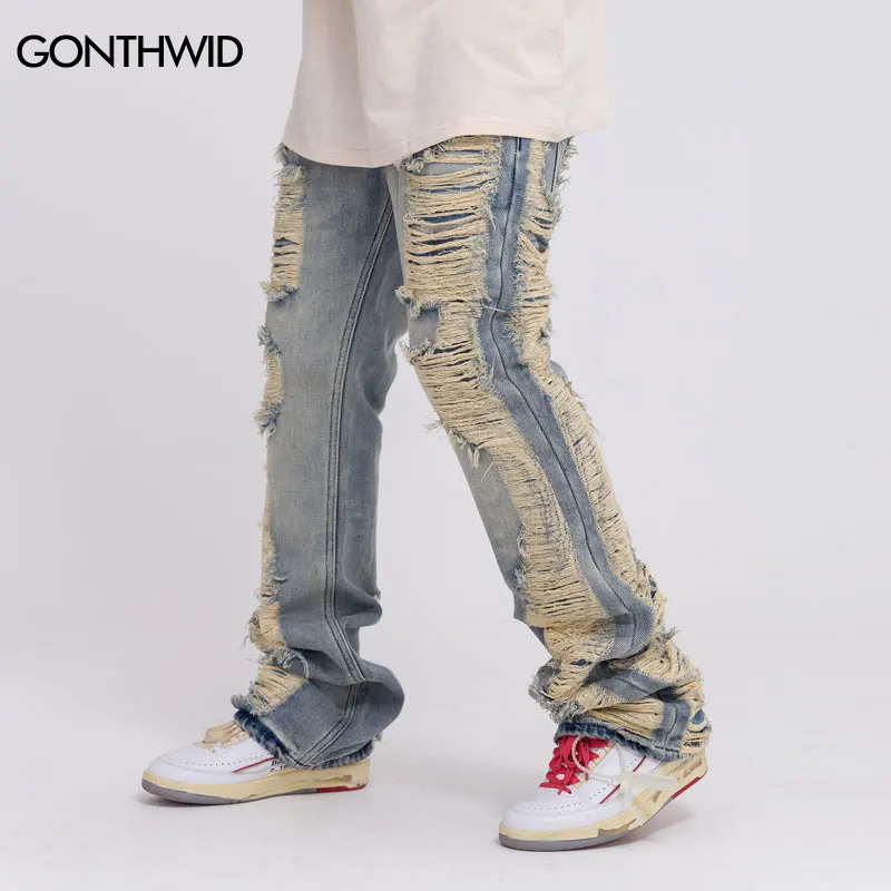 Hip Hop Jeans Y2K Streetwear Ripped Destroyed Punk Denim Pants Men Harajuku Fashion Baggy Wide Straight Leg Jeans Trousers Blue